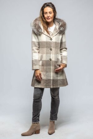 Beige Checked Coat with Fur Trim and Hood